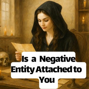 Puede incluir: Una representación artística de una persona con una capa con capucha negra leyendo una carta. La imagen incluye una calavera, velas y el texto "Is a Negative Entity Attached to You."