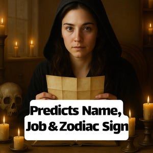 May include: A person in a black hooded robe holding a folded paper, with the text "Predicts Name, Job & Zodiac Sign" on a white banner. Lit candles and a skull are in the background, creating a mystical atmosphere.