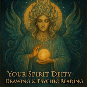 Peut inclure: Illustration artistique d'une figure céleste avec des cheveux fluides, des ailes et un halo, tenant un globe lumineux. La figure est vêtue d'une robe turquoise. Le texte en bas indique "YOUR SPIRIT DEITY DRAWING & PSYCHIC READING."
