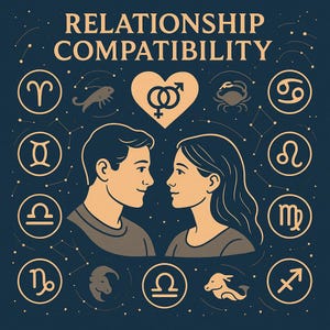 Puede incluir: Ilustración sobre la compatibilidad de relaciones, con un hombre y una mujer mirándose, rodeados de signos del zodiaco. El texto "RELATIONSHIP COMPATIBILITY" está en la parte superior, con un símbolo de corazón que contiene símbolos masculinos y femeninos.
