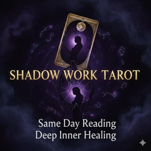 May include: A digital graphic with a dark purple background featuring a tarot card with a moon and silhouette, and the words "SHADOW WORK TAROT". Below, it reads "Same Day Reading Deep Inner Healing".
