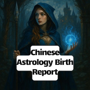 Puede incluir: Ilustración digital de una mujer con una capa con capucha azul que sostiene un orbe azul brillante y una lanza. La imagen tiene el texto "Chinese Astrology Birth Report" superpuesto. El fondo presenta un bosque oscuro y un castillo.
