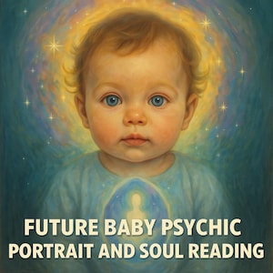 May include: A digital painting of a baby with blue eyes and light brown hair, encircled by a golden halo. The baby wears a light blue shirt. The text at the bottom reads "FUTURE BABY PSYCHIC PORTRAIT AND SOUL READING."