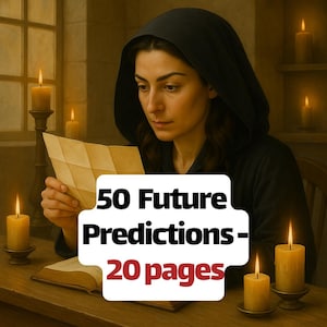May include: A person in a black hooded robe reads a parchment lit by candlelight. The image includes the text "50 Future Predictions - 20 pages" in a white and red font. An open book and several lit candles are on the wooden table.