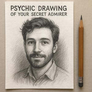 Pode incluir: Um retrato a lápis de um homem com o texto "PSYCHIC DRAWING OF YOUR SECRET ADMIRER" acima do retrato. Um lápis de madeira com ponta preta está posicionado à direita do desenho.