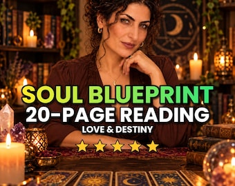 May include: A 20-page Soul Blueprint reading service featuring the text SOUL BLUEPRINT 20-PAGE READING LOVE & DESTINY with five yellow stars. The image displays four tarot cards laid out on a table with candles and crystals in the setting.