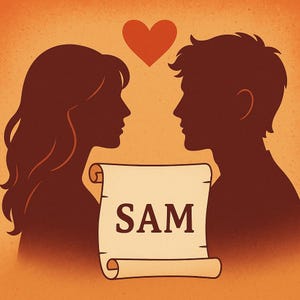 May include: Illustration of a couple in silhouette facing each other with a red heart above them. A scroll with the name "SAM" is between them. The background is a gradient of orange and brown.