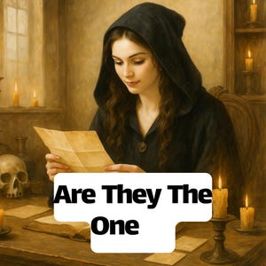 以下が含まれることがあります： 黒いフード付きマントを着た人物が手紙を読んでいる油絵。画像には「Are They The One」というテキストが重ねられています。 ろうそくの光で照らされたシーンで、テーブルには骸骨と本があります。