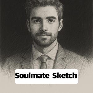 Könnte beinhalten: Bleistiftporträt eines Mannes im Anzug mit Krawatte, in Graustufen. Die Zeichnung weist detaillierte Schattierungen und Highlights auf. Der Text "Soulmate Sketch" wird in einem weißen Rechteck am unteren Bildrand angezeigt.
