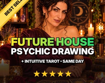 May include: A person with dark curly hair wearing a dark maroon one-shoulder top, positioned behind a table with tarot cards. Text reads: BEST SELLER, FUTURE HOUSE PSYCHIC DRAWING, + INTUITIVE TAROT • SAME DAY, and five yellow stars.