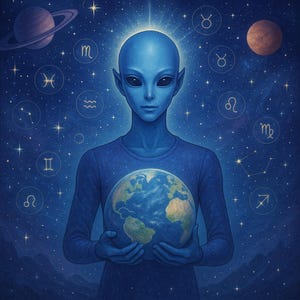 May include: A blue alien figure holding a globe of Earth, set against a starry night sky. Zodiac symbols and planets surround the figure, creating a cosmic and mystical theme. The alien is depicted with large eyes and a serene expression.