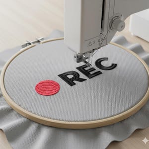 REC-inspelningsbroderidesign, minimalistisk PES för innehållsskapare, inspelningsknapp med röd punkt DST, estetisk maskinbroderifil för modern vloggare