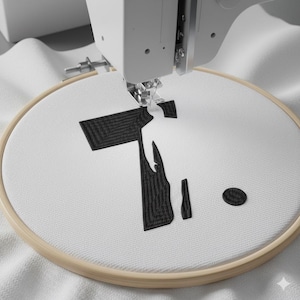 Puede incluir: Una máquina de coser borda un diseño negro sobre tela blanca tensada en un bastidor de bordado de madera. El diseño es una letra "T" estilizada y un pequeño círculo. La aguja está en acción.