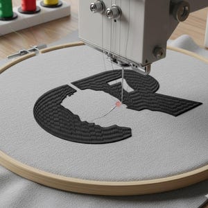 May include: An embroidery machine stitching a black letter "R" onto gray fabric stretched within a wooden hoop. The machine's needle is actively sewing the design, with spools of thread visible in the background.