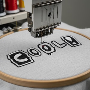 Könnte beinhalten: Eine Stickmaschine stickt das Wort "COOL" auf hellgrauem Stoff, der in einem Holzrahmen gespannt ist. Die Buchstaben sind schwarz mit weißer Füllung und schwarzer Umrandung. Garnrollen in Rot, Schwarz und Gelb sind im Hintergrund zu sehen.