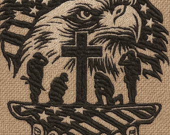 Patriotic Eagle Cross Embroidery Design – American Flag, Soldiers, and Faith Machine Embroidery File, Digital Download
