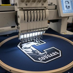 Puede incluir: Una máquina de bordar está cosiendo un parche con la palabra "Cougars" y un logotipo "C" estilizado en blanco y azul sobre tela azul marino. La máquina es blanca y tiene múltiples agujas y carretes de hilo.