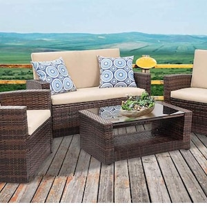 Patio Furniture Sets, 4 Piece Rattan Chair, Patio Sofas, Wicker Sectional Sofa, Outdoor Conversation (Brown and Tan)