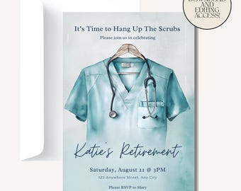 Invitación a la fiesta de jubilación de enfermeras/médicos: Uniformes de acuarela (Descarga digital, plantilla Canva de 13x18 cm)