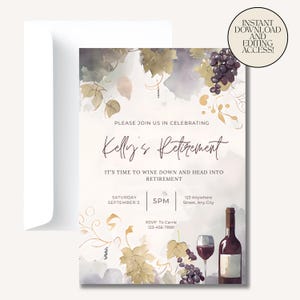 Wine Retirement Party Invitation: Elegant Celebration Template (Digital Download, 5x7in Canva Edit)