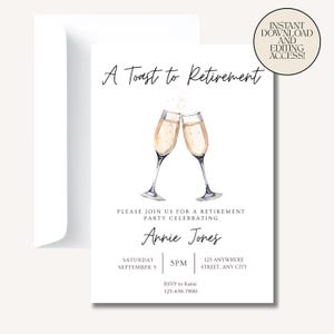 Retirement Party Invitation: Watercolor Champagne Toast (Canva Template, Digital Download)