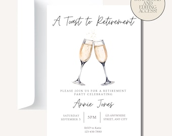Retirement Party Invitation: Watercolor Champagne Toast (Canva Template, Digital Download)