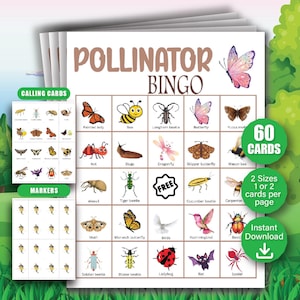 60 Pollinator Bingo Cards, Nature Bingo Cards, STEM Game for Kids, Summer Activity for Kids, Bird, Insect & Flower Learning Activity