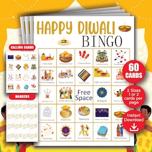 60 tarjetas de bingo de Diwali, juegos para fiestas de Diwali, actividades para fiestas indias, festival familiar de Diwali imprimible, actividades para fiestas de Diwali (PDF)
