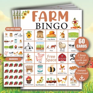 60 Farm Bingo Cards, Farm Bingo Game, Farm Party Game, Barnyard Birthday Bingo, Barnyard Game, Farm Animals Bingo, Farm Activities for Kids