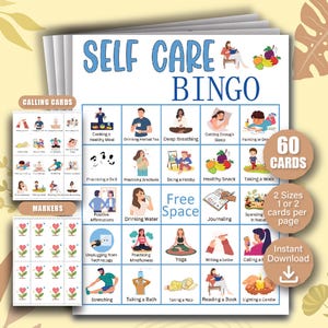 60 Self Care Bingo Game Cards, Mental Health Self-Care Bingo Cards, Self Love Challenge, Wellness Bingo Games, Mental Health Activity