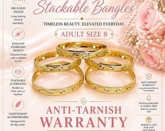 Peut inclure: Bracelets empilables en or 14 carats avec un motif en étoile élégant. Ces bracelets de taille adulte 8 sont légers, confortables et conçus pour être portés toute la journée. Ils sont anti-ternissement et sans nickel.