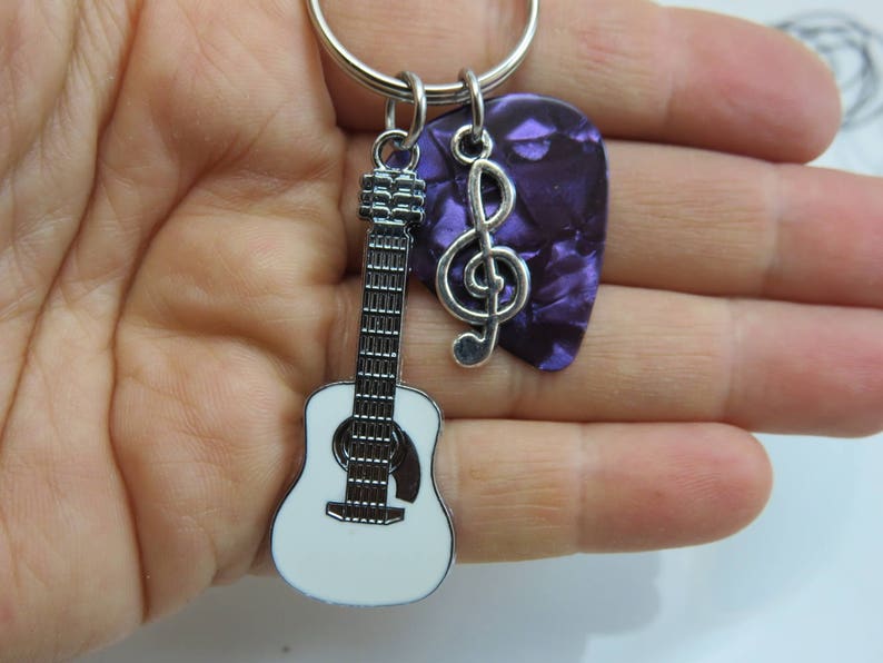 Guitar pick keychain purple plectrum white enamel bag charm Etsy
