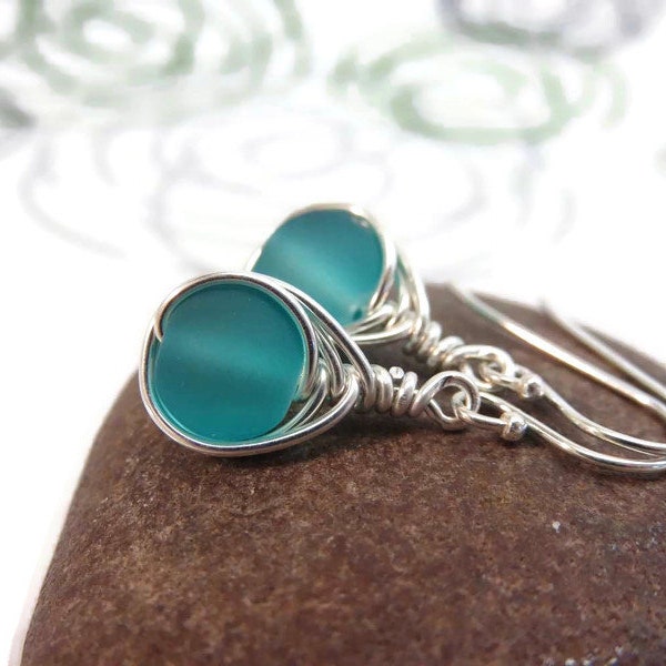 Teal blue seaglass earrings sterling silver herringbone wire wrapped cultured sea glass beads argentium silver