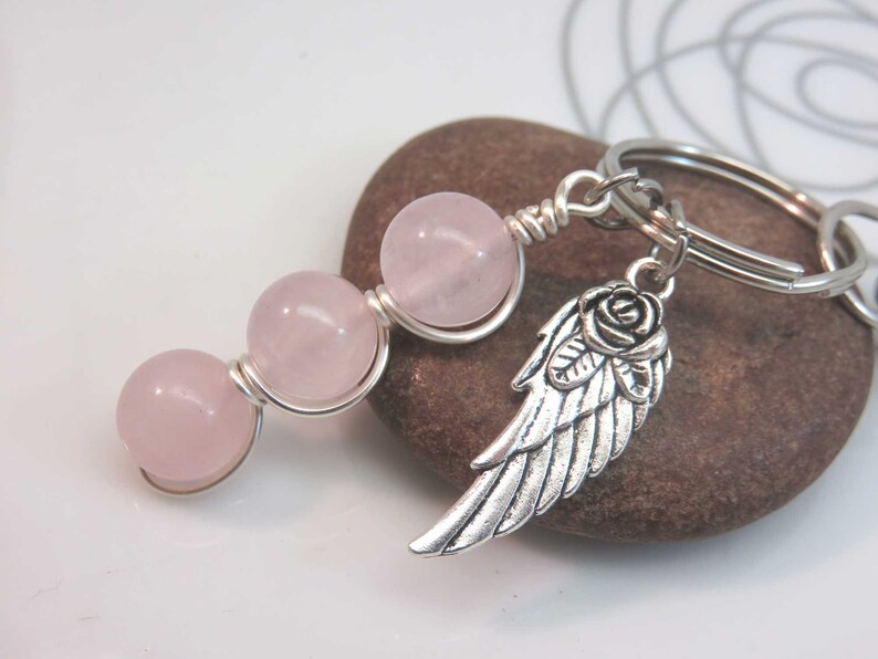 Rose quartz keyring bag charm silver angel wing feather gemstone wire wrapped