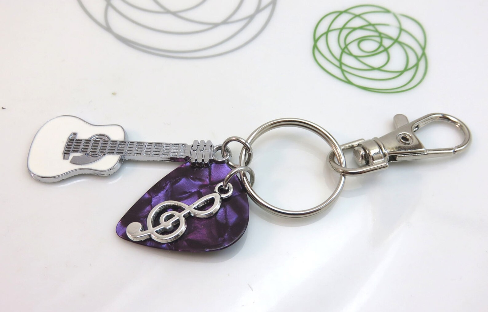 Guitar pick keychain purple plectrum white enamel bag charm Etsy