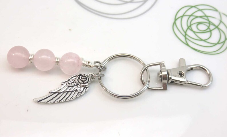 Rose quartz keyring bag charm silver angel wing feather gemstone wire wrapped