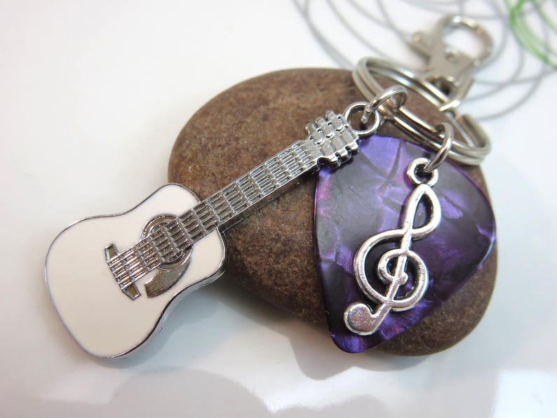 Guitar pick keychain purple plectrum white enamel bag charm Etsy