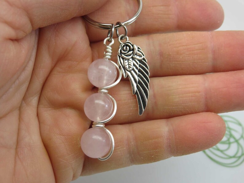 Rose quartz keyring bag charm silver angel wing feather gemstone wire wrapped