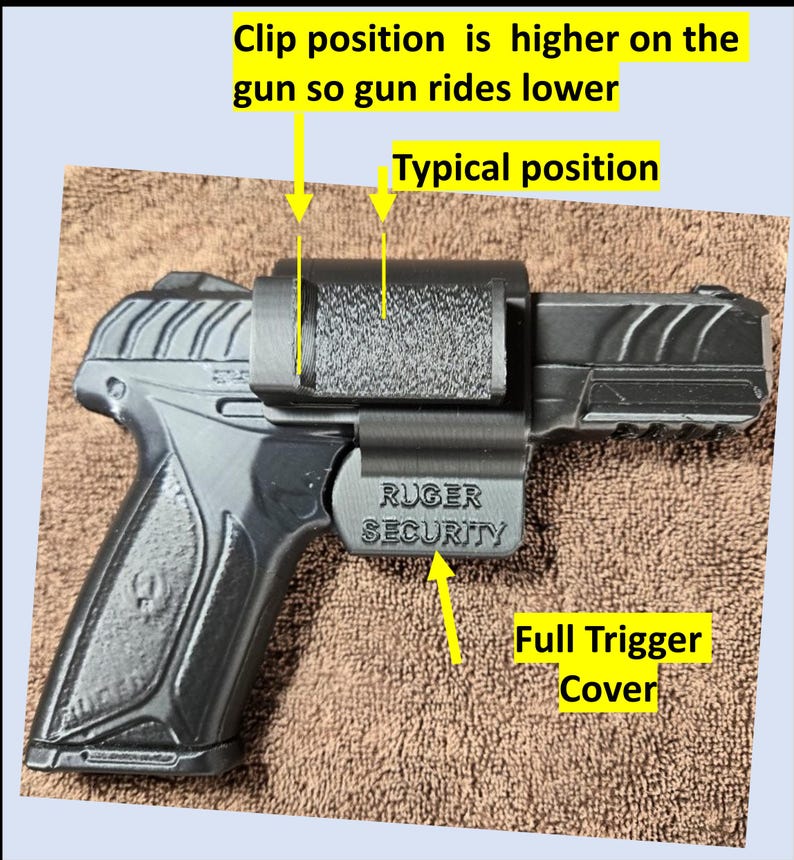 Op de afbeelding: Een zwart Ruger Security vuurwapen met een volledige trekkerbescherming en een clip. De tekst op de clip luidt "RUGER SECURITY". De afbeelding bevat ook tekst die de clip positie en het effect ervan op de positie van het pistool aangeeft.