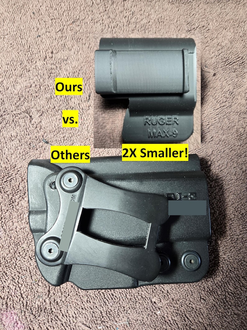 May include: Black holster with the text "RUGER MAX-9" and a comparison to another holster. The image includes the text "Ours vs. Others 2X Smaller!"