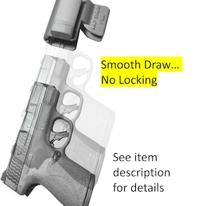 Op de afbeelding: Een zwart pistool met holster, met de tekst "M&P Shield Plus". De afbeelding bevat de tekst "Smooth Draw... No Locking" en "Zie artikelbeschrijving voor details."