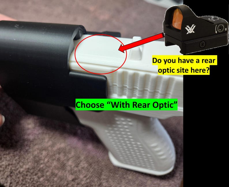 May include: A black holster with a white interior, designed to accommodate a firearm. The image includes a red dot optic sight and text that reads "Do you have a rear optic site here?" and "Choose 'With Rear Optic'".