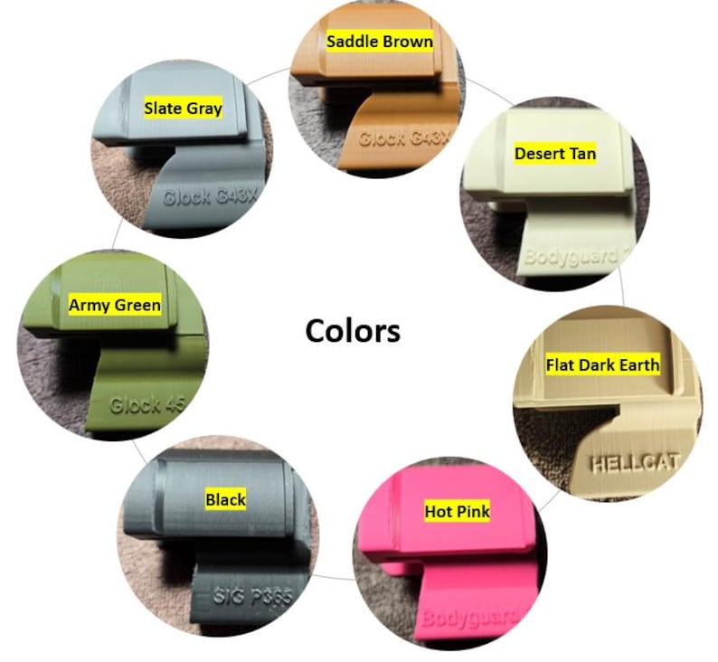 May include: A color chart displaying various shades of gun accessories. Colors include Slate Gray, Saddle Brown, Desert Tan, Flat Dark Earth, Hot Pink, Black, and Army Green. The text "Colors" is also present.