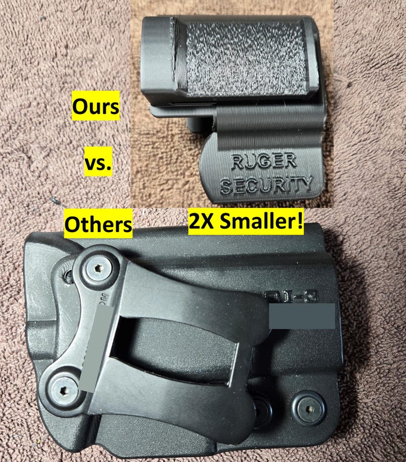Op de afbeelding: Zwarte plastic holsterclip met de tekst "RUGER SECURITY" en een vergelijking met een grotere holster. De tekst "Ours vs. Others" en "2X Smaller!" zijn ook zichtbaar.