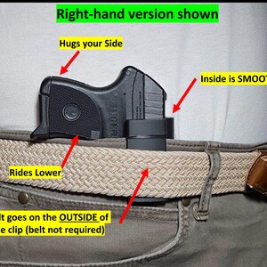 May include: A black handgun is shown clipped to a belt. The text in the image reads: "Right-hand version shown", "Hugs your Side", "Rides Lower", "Belt goes on the OUTSIDE of the clip (belt not required)", and "Inside is SMOOTH".