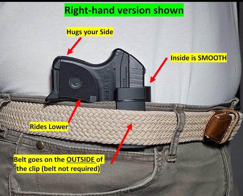 May include: A black handgun is shown clipped to a belt. The text in the image reads: "Right-hand version shown", "Hugs your Side", "Rides Lower", "Belt goes on the OUTSIDE of the clip (belt not required)", and "Inside is SMOOTH".