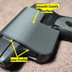 May include: Black holster with a smooth, comfortable surface and low profile design. The holster is designed to fit a handgun. The image shows the holster's features, including its shape and texture.
