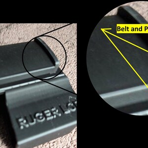 May include: Black plastic accessory with the text "RUGER LCP" visible. The accessory features a "Belt and Pants Grip" design. The image is a close-up shot, highlighting the product's details.