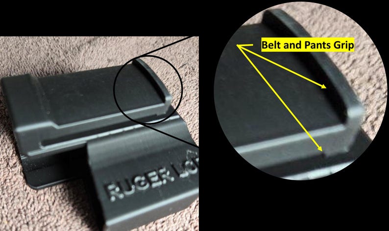 May include: Black plastic accessory with the text "RUGER LCP" visible. The accessory features a "Belt and Pants Grip" design. The image is a close-up shot, highlighting the product's details.