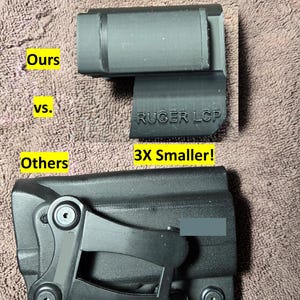 May include: Comparison image of two black gun holsters. The top holster is labeled "Ours" and the bottom holster is labeled "Others". The text "RUGER LCP" is visible on the top holster. The text "3X Smaller!" is also visible.